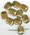 10 21x29x9mm Ceramic Pinched Green Brown Flat Rectangle Beads